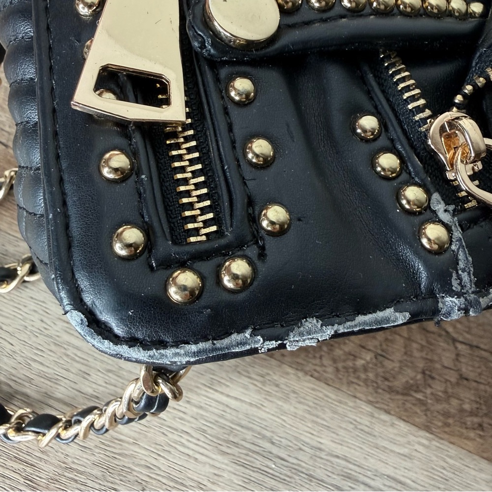 AMEILIYAR Black Vegan Leather Gold Toned Stud Biker Jacket Crossbody Bag *FLAW* - Picture 12 of 15